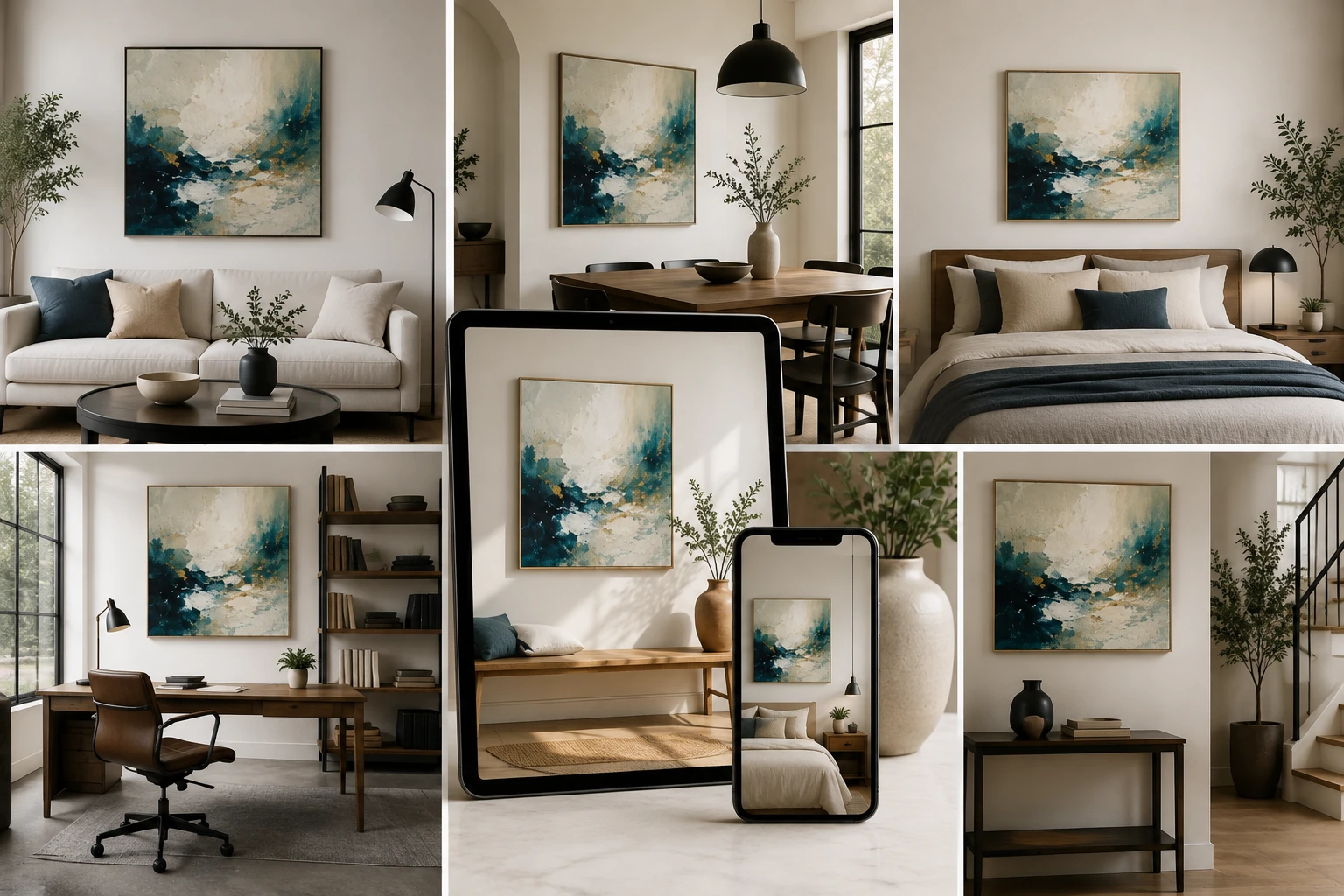 Art mockups showing artwork displayed in different interior spaces