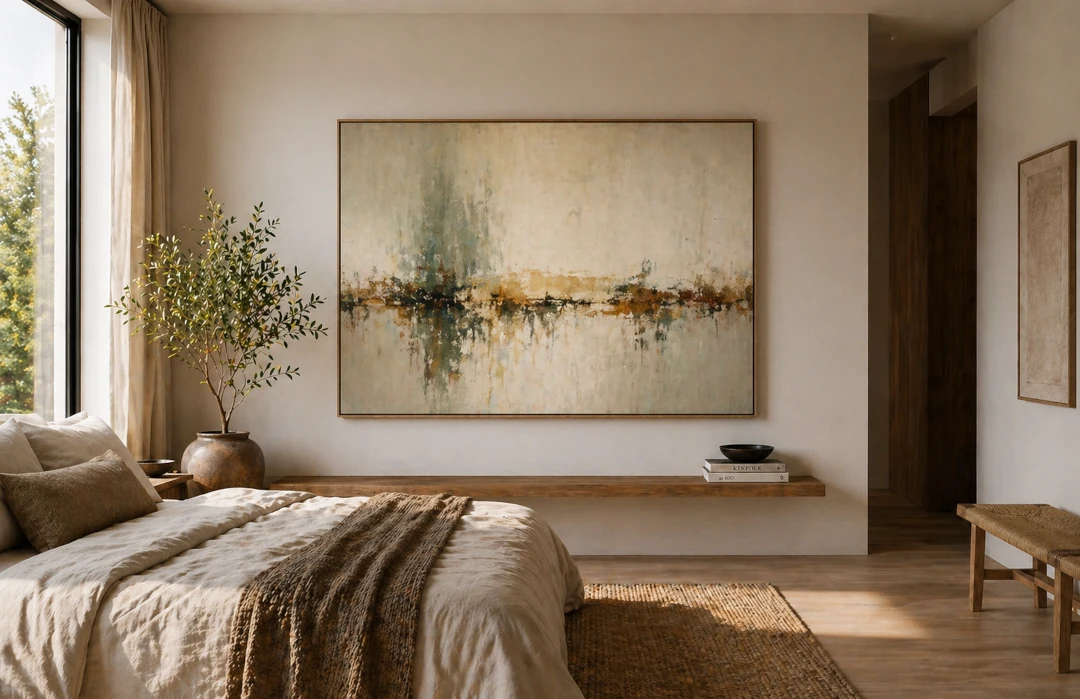 Bedroom wall art mockup showing artwork placement above a bed