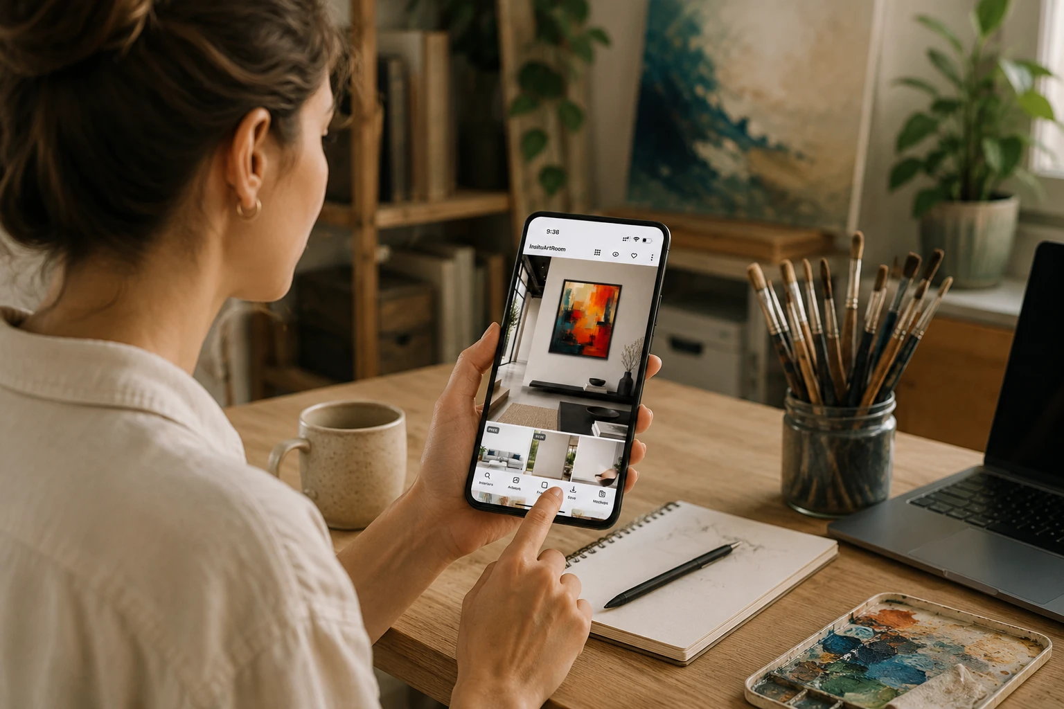 Artist promoting artwork online using a smartphone and laptop in a creative studio