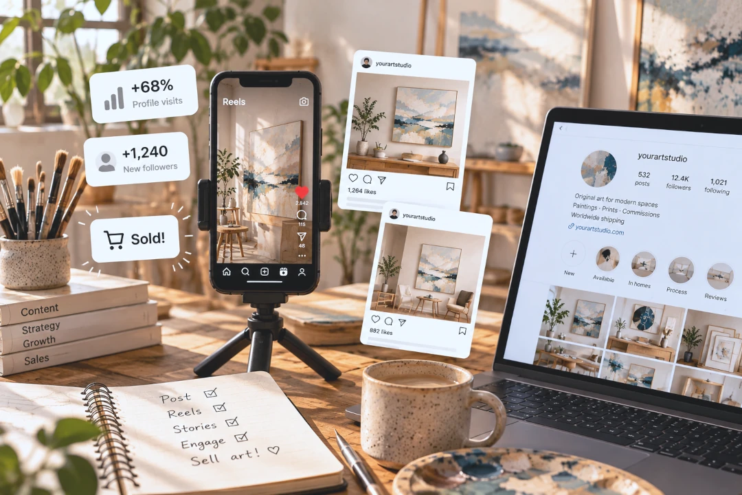 Artist presenting and selling artwork on Instagram