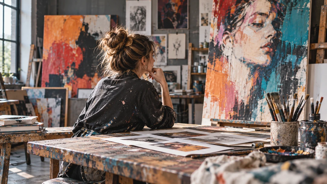 Artist in a creative studio surrounded by original artwork