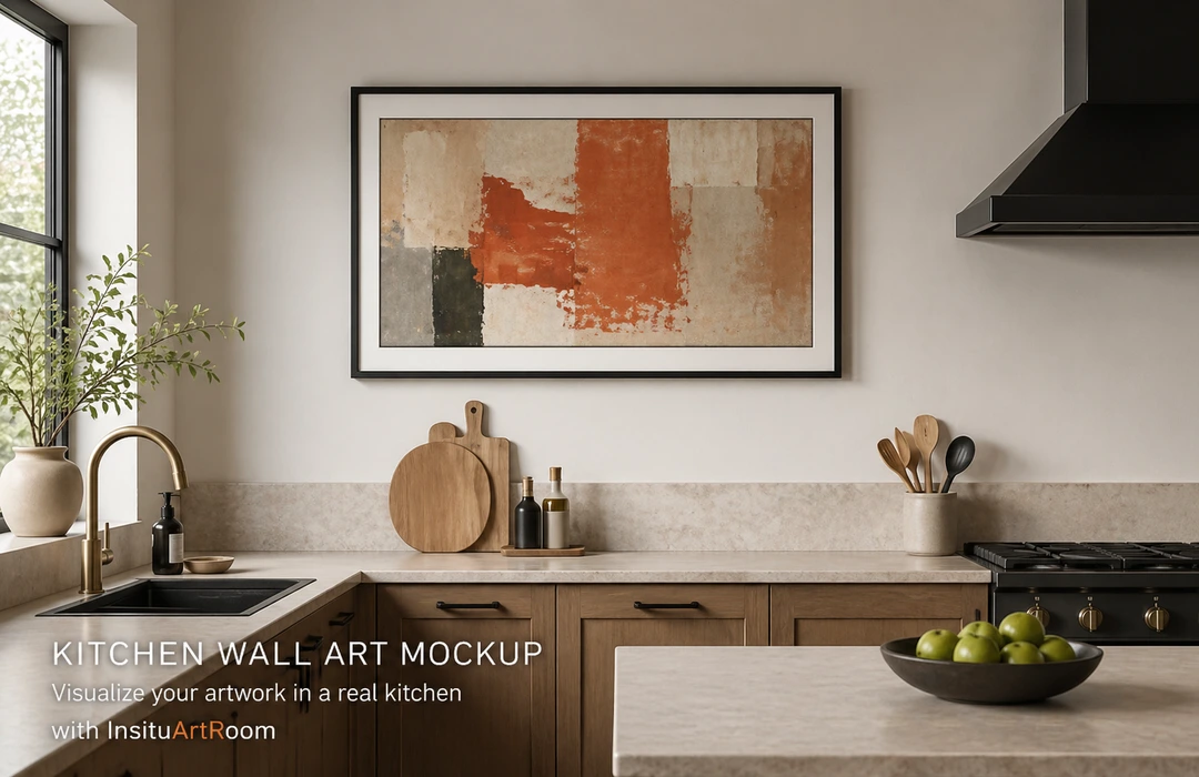 Kitchen wall art mockup showing abstract artwork in a realistic modern kitchen