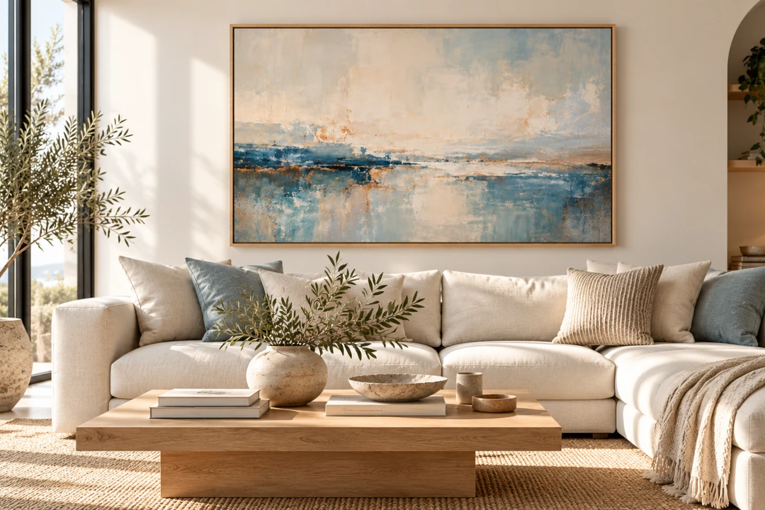 Living room wall art mockup showing artwork in a realistic interior