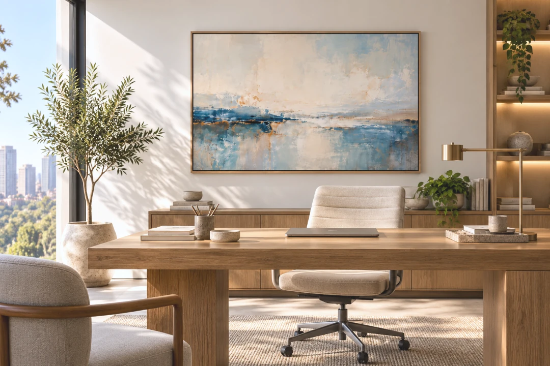 Office wall art mockup showing artwork in a professional interior