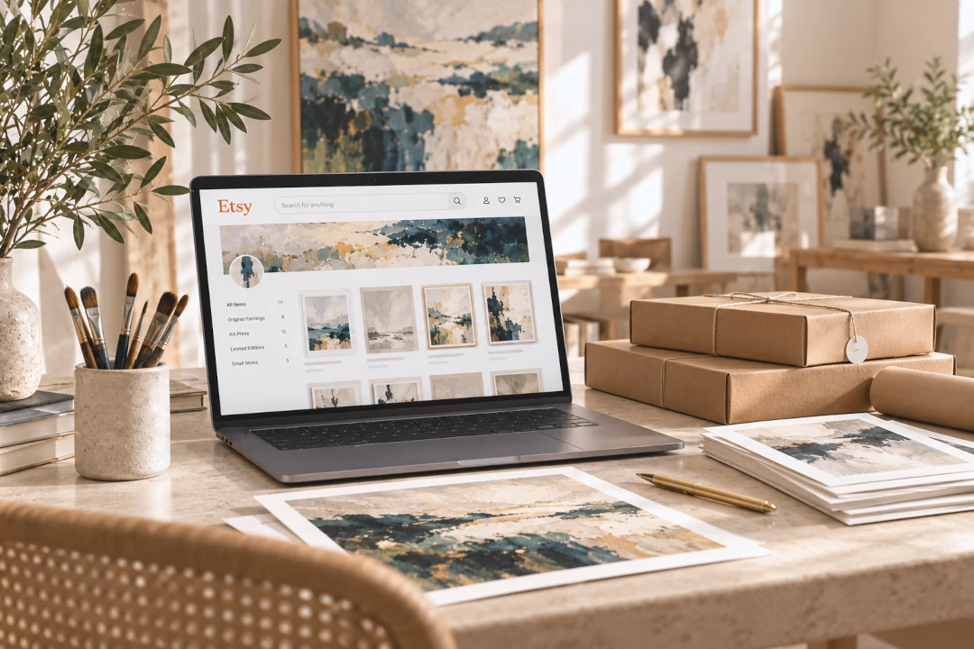 Artist preparing artwork for an Etsy shop