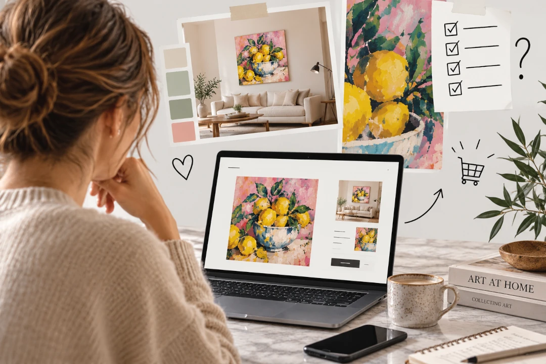 Online art buyer considering artwork before making a purchase