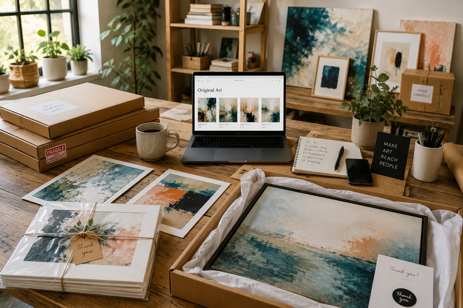 Artist comparing different ways to sell artwork online